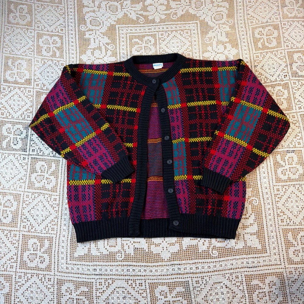 Vintage Carters 80s Plaid Knit Cardigan Sweater Colorful Crew Neck Button Front